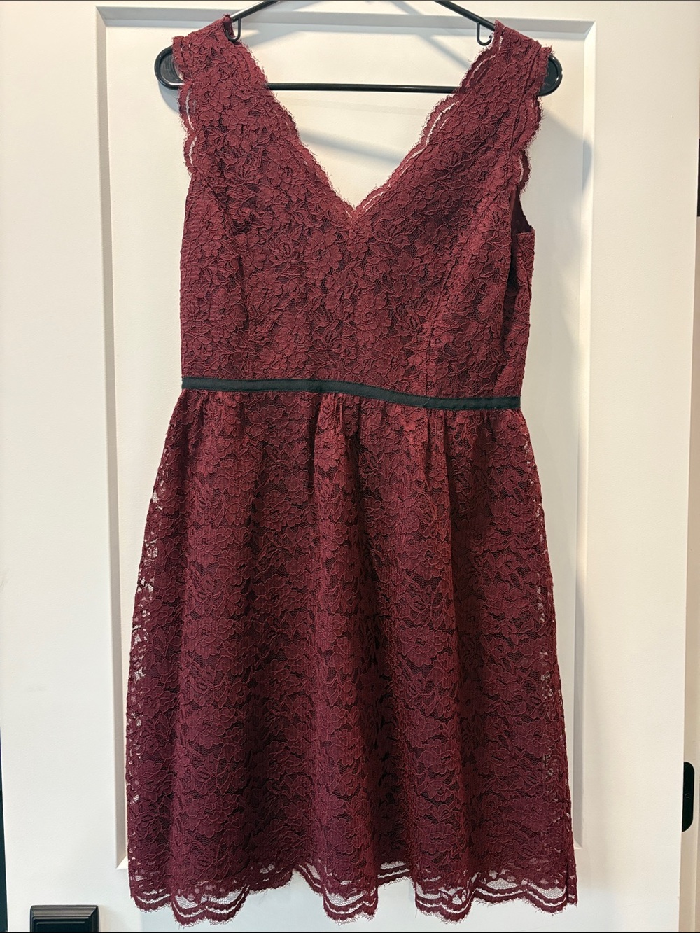 LOFT Burgundy Floral Lace V-Neck Dress